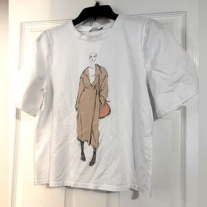 Zara White Cotton Graphic Cropped Top Tee T-Shirt Short Bell Sleeves Sz Small